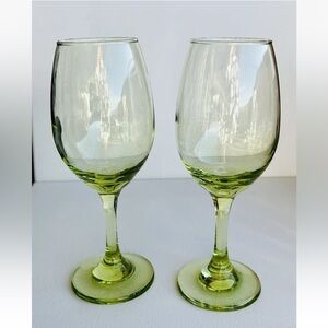 Vintage Cristar Clear Neon Lime Green Stemmed Wine Glass SET OF 2